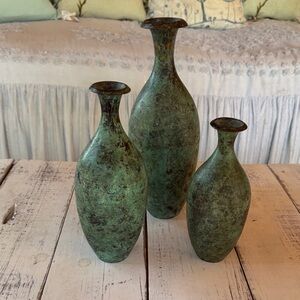 Vintage Green Vertigris metal Vases Set